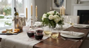 Versatile modern stemless wine glasses set, perfect for serving wine or cocktails at an indoor soirée.