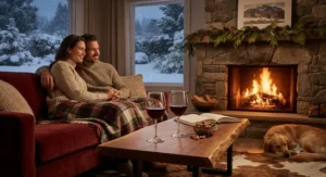 Cozy winter evening scene featuring stemless wine glasses by a fireplace in a Canadian living room