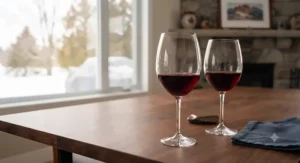 Artisanal handblown crystal red wine glasses filled with premium Canadian red wine