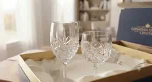 Close-up of brilliant-cut crystal wine glasses showcasing craftsmanship and clarity in a gift set presentation.