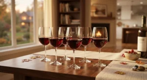 Classic crystal wine glasses set of 6 filled with red wine for a cozy evening.