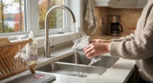 A crystal wine glass being safely hand-washed in a Canadian kitchen sink.