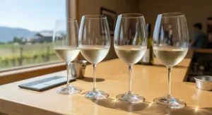 Sparkling premium crystal white wine glasses chilled for an Okanagan Valley tasting