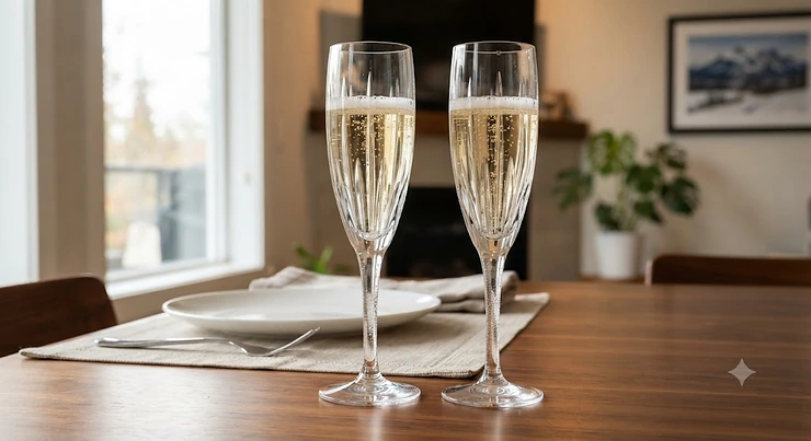 Pair of elegant crystal champagne flutes reflecting light on a modern Canadian dining table.