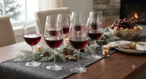 A collection of crystal wine glasses for red wine styled for a Canadian winter dinner party.