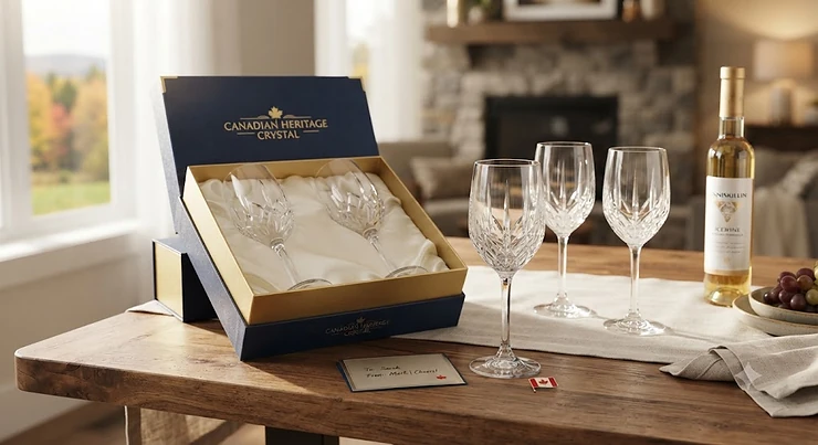 A premium crystal wine glasses gift set arranged elegantly on a wooden table, perfect for Canadian gifting occasions.