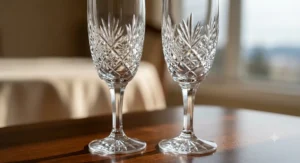 Close-up view of intricate cut crystal detailing on a pair of fine champagne flutes.
