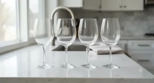A practical dishwasher safe glass wine glasses set of 4 lined up after cleaning.