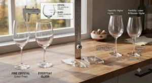 An illustration comparing the relative durability and thickness of crystal and everyday glass wine glasses.