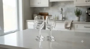Durable glass wine glasses set of 4 displayed neatly on a modern kitchen counter.
