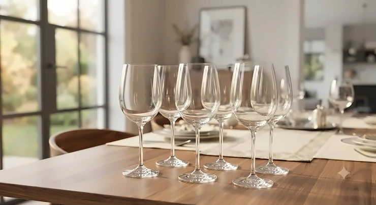 Clear elegant crystal wine glasses set of 6 arranged neatly for guests.