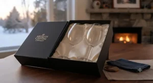 Elegant handblown crystal wine glasses packaged in a premium gift box