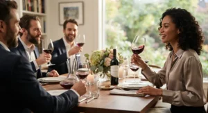 Guests enjoying red wine poured into premium lead-free crystal wine glasses during a dinner party.