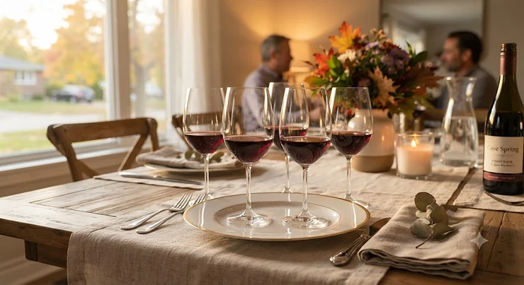 An elegant glass wine glasses set of 4 arranged on a dining table for a dinner party in Canada.