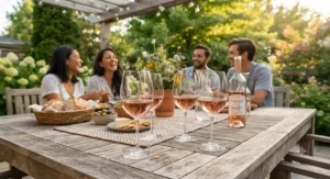 A versatile glass wine glasses set of 4 set up for a casual outdoor patio gathering.