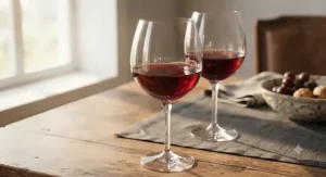 Close-up of hand-blown crystal wine glasses for red wine filled with a rich pinot noir.