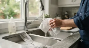 Safely hand-washing delicate crystal champagne flutes in a modern kitchen sink.