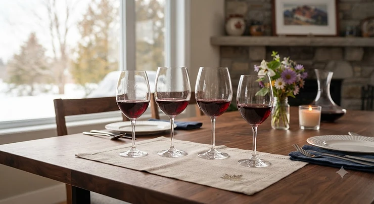Handblown crystal wine glasses displayed on a Canadian dining table