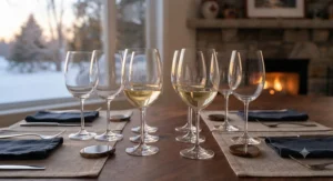 A set of handmade crystal wine stemware arranged neatly for dinner guests