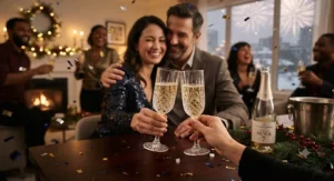 Crystal champagne flutes filled with sparkling wine during a festive New Year's Eve celebration.