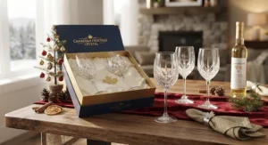 Festive table setting featuring a sparkling crystal wine glasses gift set ideal for Canadian holiday dinners.