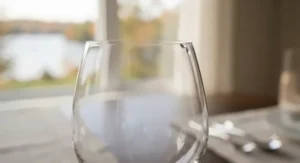 Close-up showing the thin rim and brilliant clarity of a fine crystal wine glass.