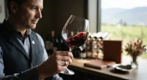 A sommelier swirling bold red wine in a large-bowl lead-free crystal wine glass to aerate the vintage.