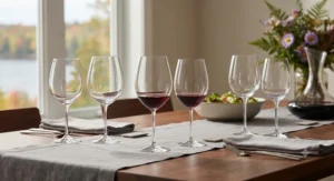 A selection of modern lead-free crystal wine glasses ready for a dinner party.