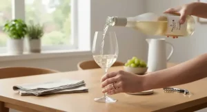 Crisp white wine being poured into a slender lead-free crystal wine glass for a refreshing sip.