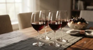 Sparkling lead-free crystal wine glasses for red wine reflecting natural light during a cozy evening.