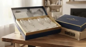 An unboxed luxury crystal wine glass set displayed in protective packaging, ready for delivery across Canada.