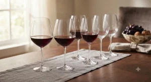 A premium showcase of crystal wine glasses for red wine featuring tall stems and wide bowls.