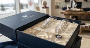 Premium boxed set of crystal champagne flutes ideal for anniversary and wedding registry gifting in Canada.