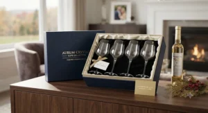 A premium gift box containing a set of exquisite lead-free crystal wine glasses, perfect for weddings and holidays.