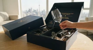 Unboxing premium crystal wine glasses in luxurious protective packaging for safe shipping across Canada
