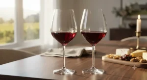 Elegantly shaped premium crystal red wine glasses filled with bold Canadian red wine