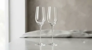 Modern minimalist crystal champagne flutes with long stems displayed against a neutral background.
