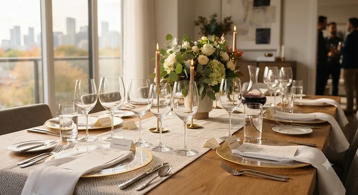 Set of premium crystal wine glasses displayed on a modern dining table ready for a dinner party