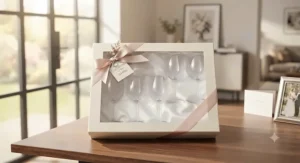Premium crystal wine glasses set of 6 packaged neatly as a thoughtful wedding gift.