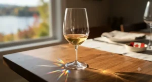 Sunlight catching the prismatic refraction on the bowl of a high-end crystal wine glass.