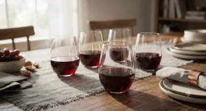 Modern stemless crystal wine glasses for red wine ready for a casual dinner party.