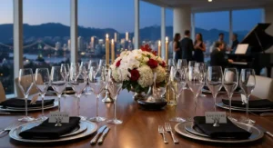 Tall-stemmed premium crystal wine glasses arranged for a formal evening gathering in Vancouver