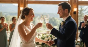 Bride and groom making a wedding toast with crystal champagne flutes at a venue in Canada.