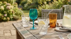 Durable acrylic wine glasses for pool set up on a sunny backyard patio table during summer entertaining.
