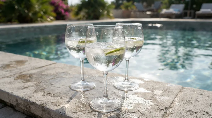 Elegant clear acrylic wine glasses for pool use, mimicking real crystal without the breakage risk.