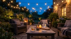 Illuminated evening patio scene featuring acrylic wine glasses for pool side twilight relaxation.