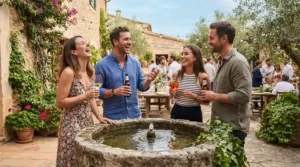 Guests enjoying a lively pool party drinkware setup featuring shatterproof acrylic wine glasses for pool safety.