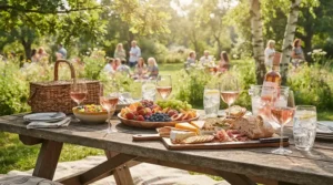 A stylish summer entertaining spread featuring clear acrylic wine glasses for pool and patio gatherings.