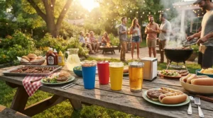 Relaxing weekend barbecue with family using lightweight acrylic wine glasses for pool side safety.