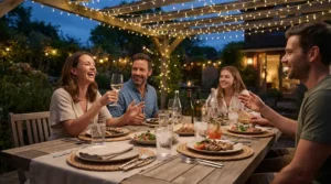 An affordable acrylic wine glass set arranged on a patio table for a summer evening dinner in Canada.